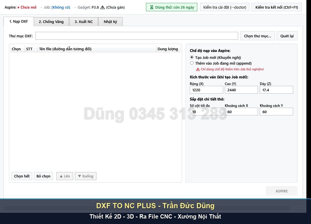 Chính sách bản quyền phần mềm DXF TO NC PLUS cho xưởng gỗ - Giao diện phần mềm DXF TO NC PLUS