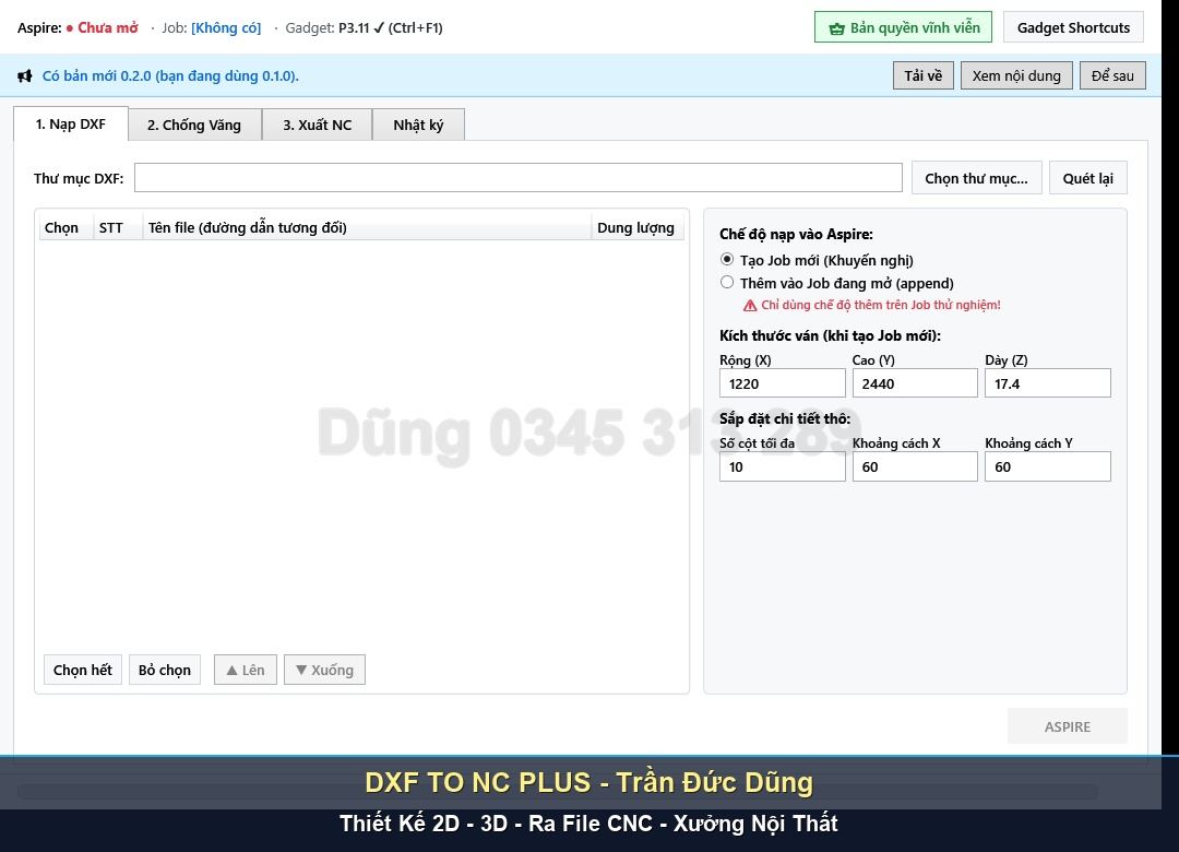 Cơ chế tự động cập nhật phần mềm DXF TO NC PLUS - Giao diện phần mềm DXF TO NC PLUS