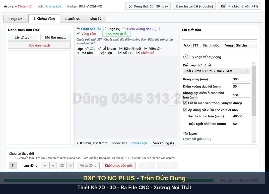 Hướng dẫn xuất file CNC với phần mềm DXF TO NC PLUS - Giao diện phần mềm DXF TO NC PLUS