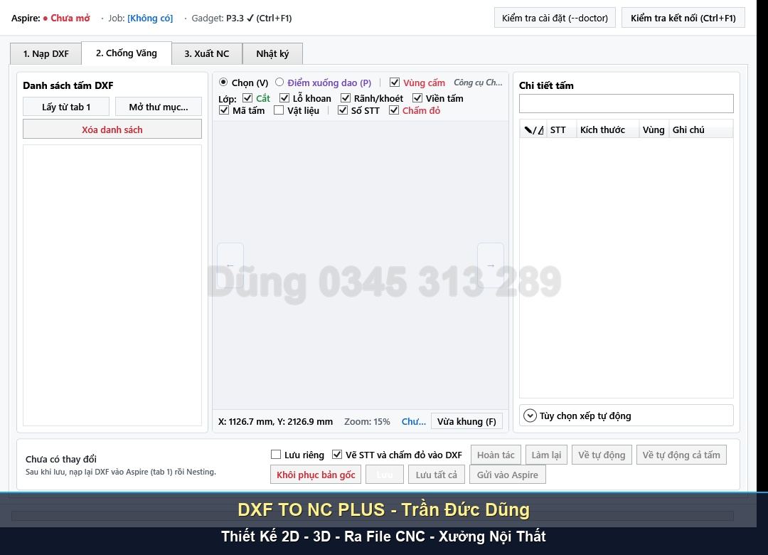 Kinh nghiệm chọn gioăng cao su bàn hút chân không CNC - Giao diện phần mềm DXF TO NC PLUS