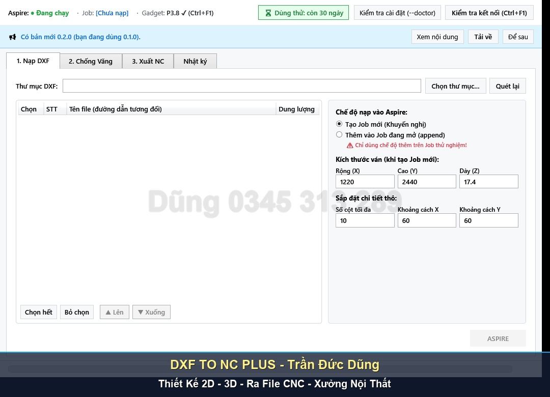 Hỗ trợ kỹ thuật phần mềm DXF TO NC PLUS tại xưởng - Giao diện phần mềm DXF TO NC PLUS