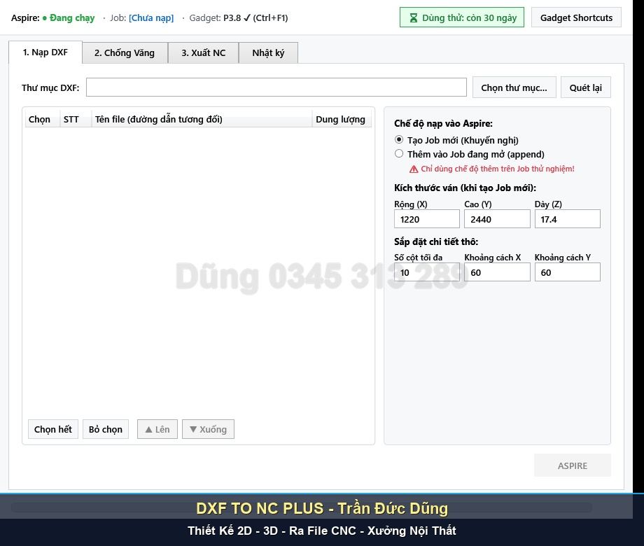 Tích hợp DXF TO NC PLUS cho phần mềm Vectric Aspire V9.5 - Giao diện phần mềm DXF TO NC PLUS