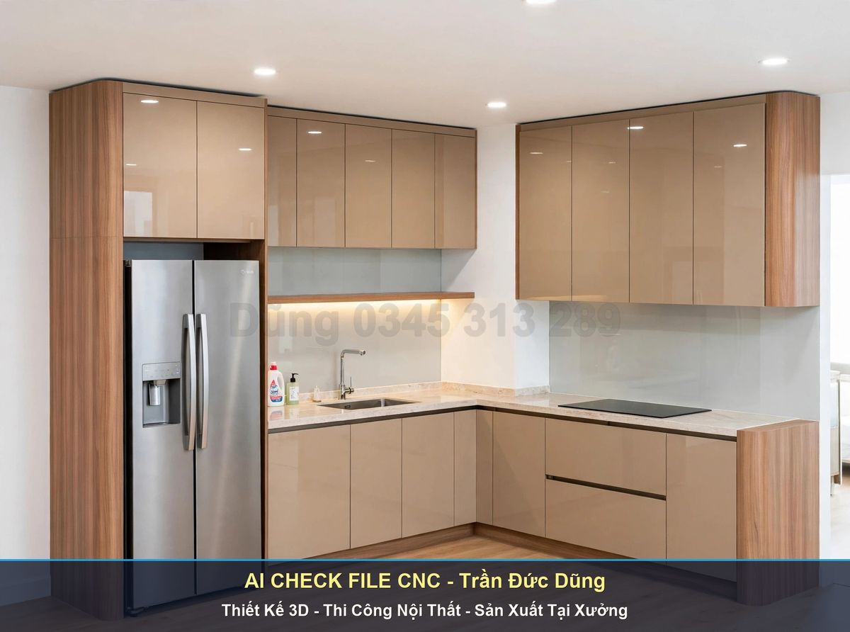 Bếp chữ L tông cà phê sữa bóng gương trong căn hộ