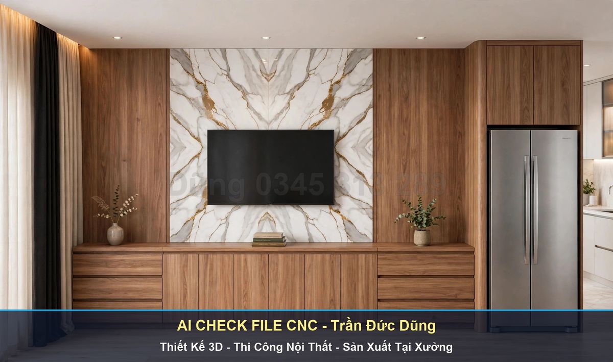 Vách tivi đá vân trắng ánh vàng, kệ thấp có ngăn kéo