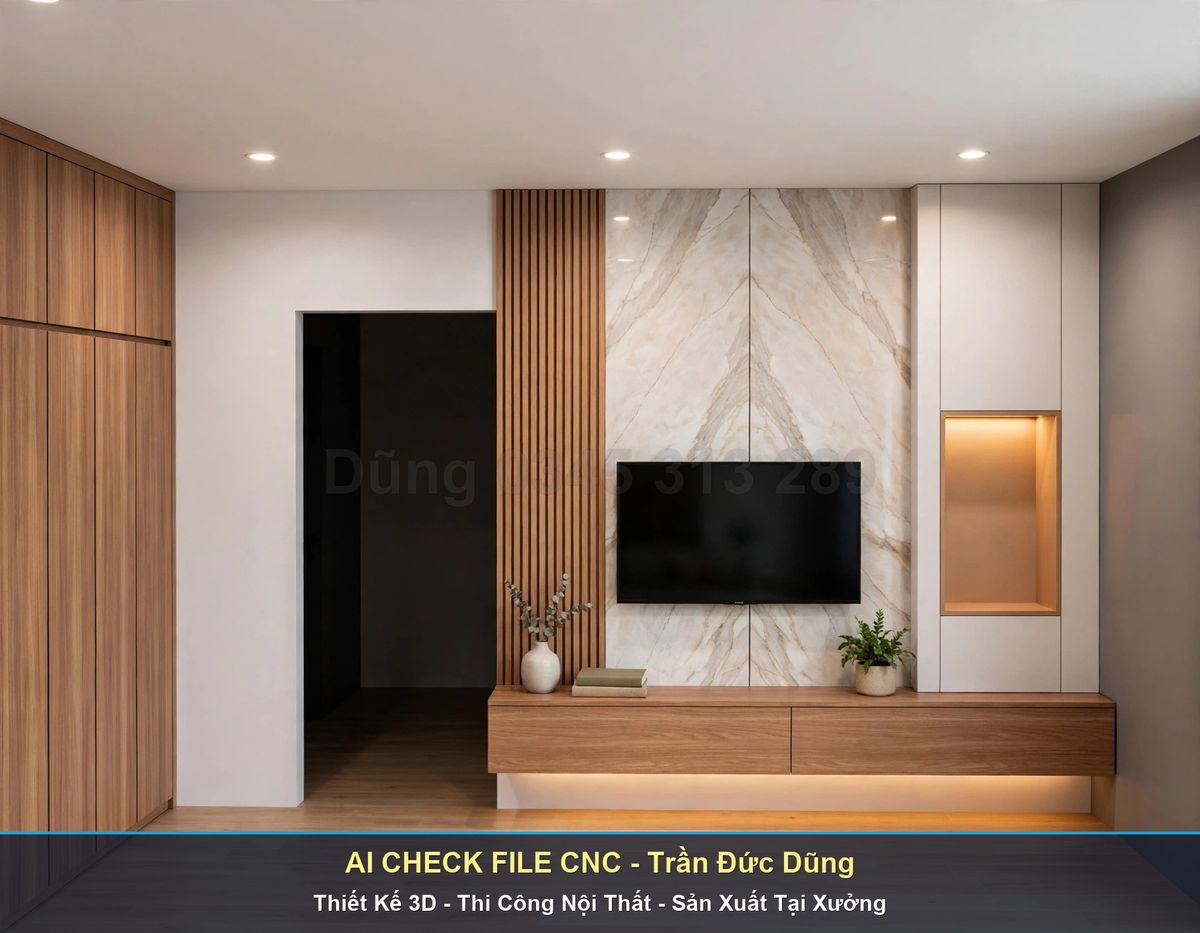 Vách tivi kết hợp nan gỗ đứng và đá
